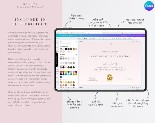 Editable Certificate of Completion Template | Canva Certificate for Beauty Training Academies