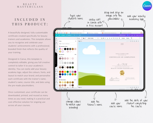 Editable Certificate of Completion Template | Canva Certificate for Beauty Training Academies