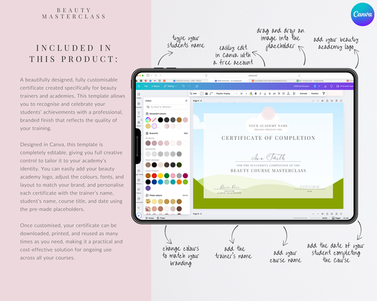 Editable Certificate of Completion Template | Canva Certificate for Beauty Training Academies