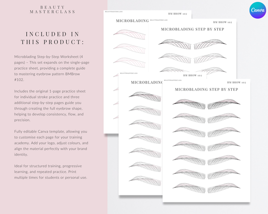 BMBrow#102 Microblading Stroke Pattern Step by Step Practice Worksheets | Editable SPMU Brow Training