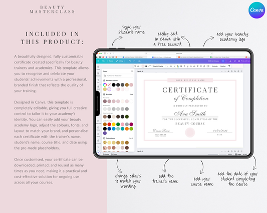Editable Certificate of Completion Template | Canva Certificate for Beauty Training Academies