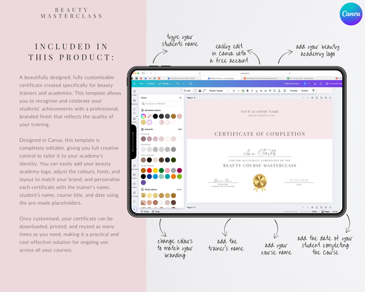 Editable Certificate of Completion Template | Canva Certificate for Beauty Training Academies