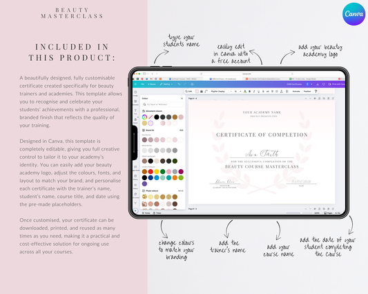 Editable Certificate of Completion Template | Canva Certificate for Beauty Training Academies