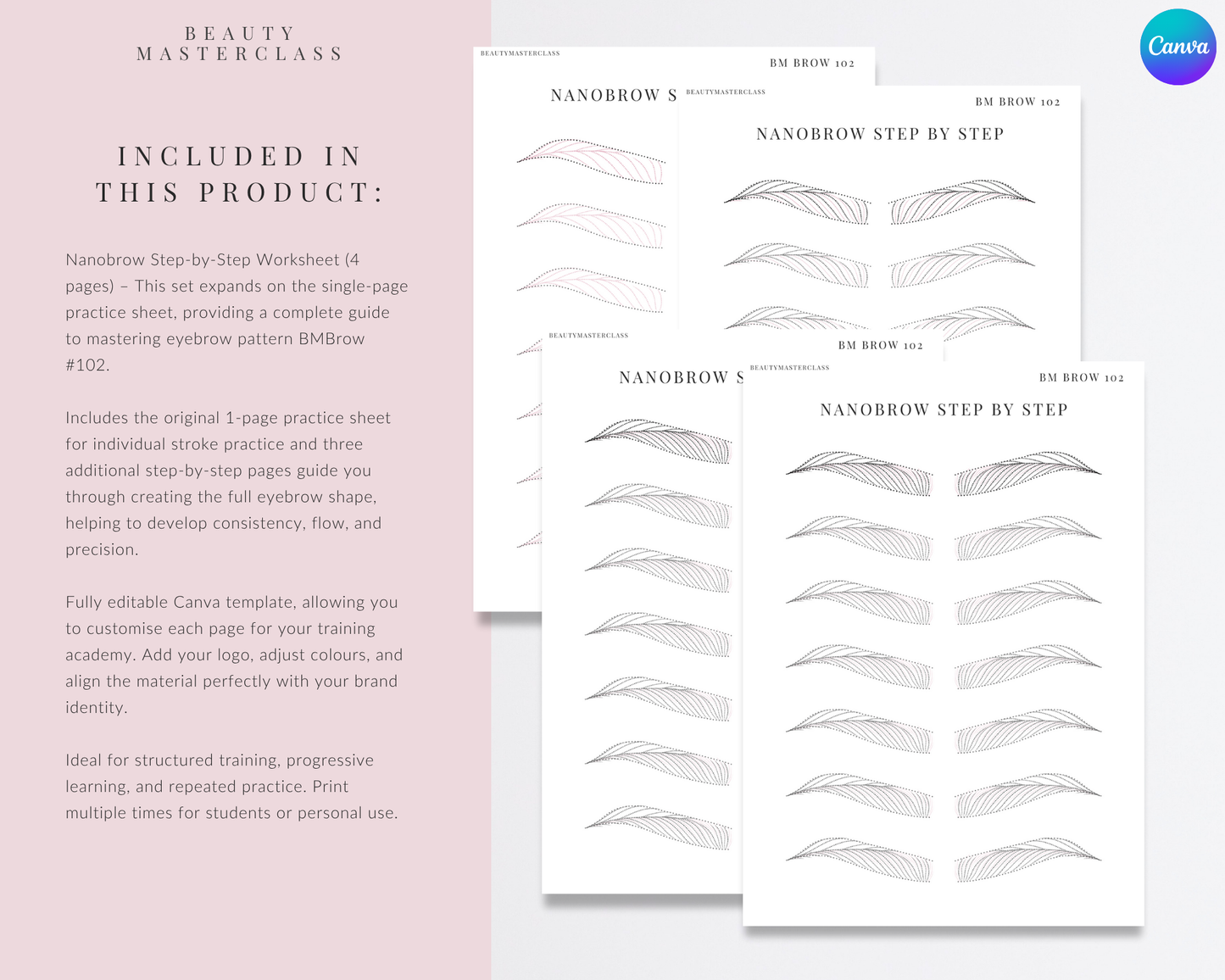 BMBrow#102 Nanobrow Stroke Pattern Step by Step Practice Worksheets | Editable SPMU Brow Training