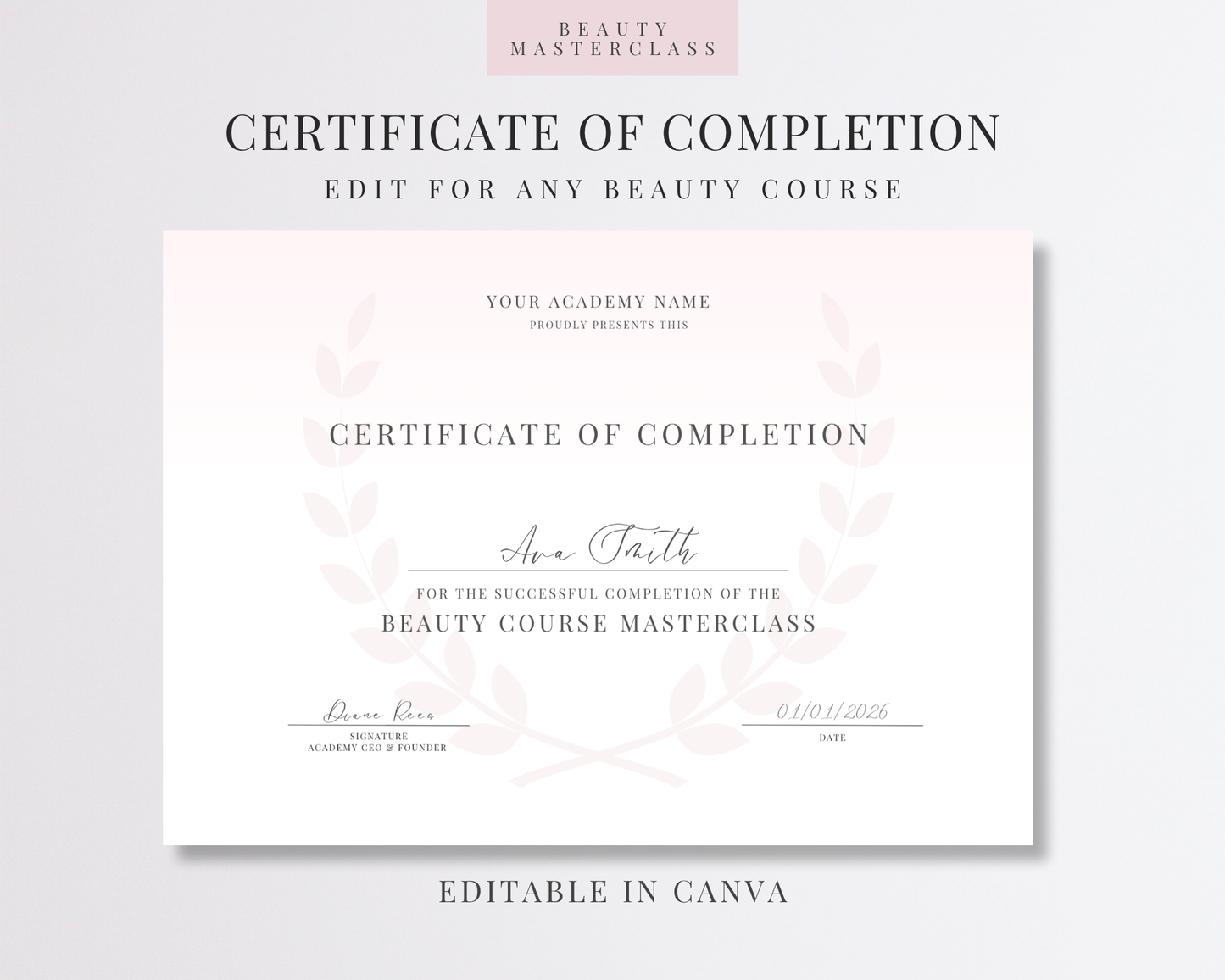 Editable Certificate of Completion Template | Canva Certificate for Beauty Training Academies