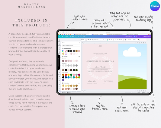 Editable Certificate of Completion Template | Canva Certificate for Beauty Training Academies