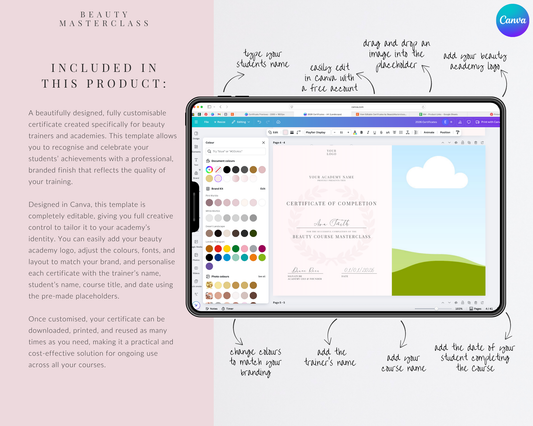 Editable Certificate of Completion Template | Canva Certificate for Beauty Training Academies