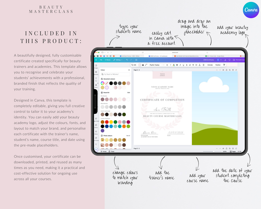Editable Certificate of Completion Template | Canva Certificate for Beauty Training Academies