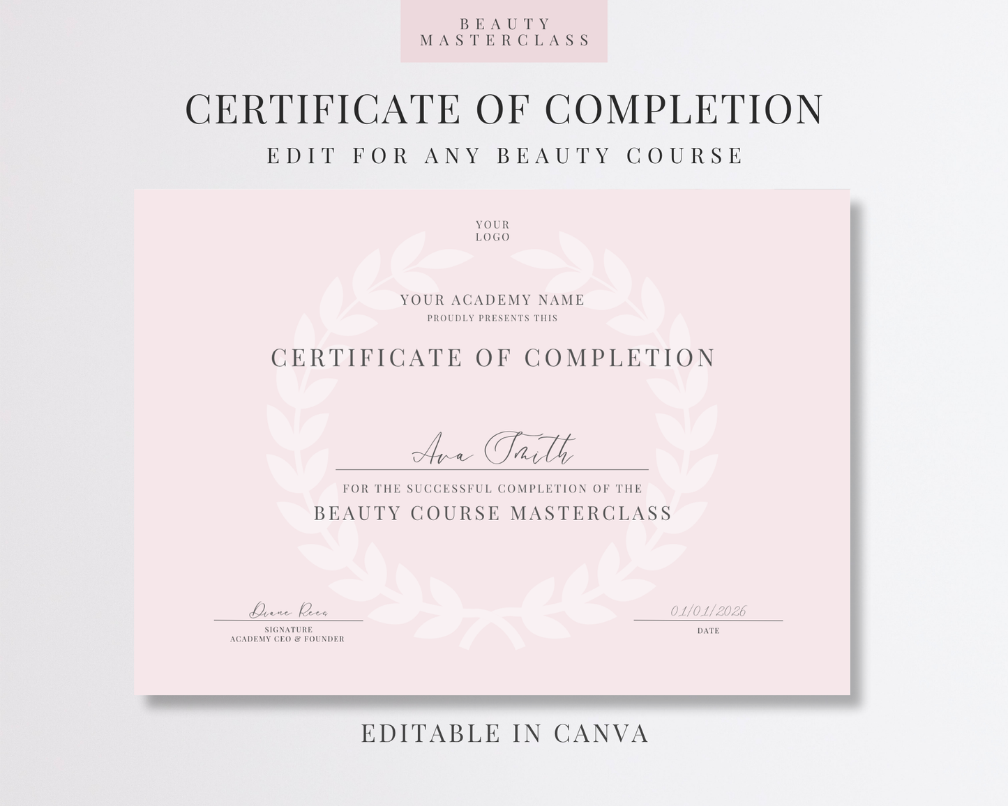 Editable Certificate of Completion Template | Canva Certificate for Beauty Training Academies