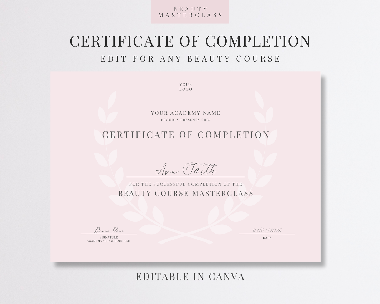 Editable Certificate of Completion Template | Canva Certificate for Beauty Training Academies
