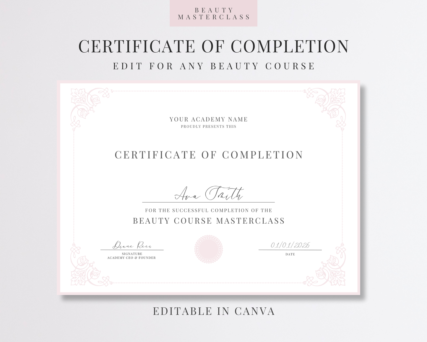 Editable Certificate of Completion Template | Canva Certificate for Beauty Training Academies