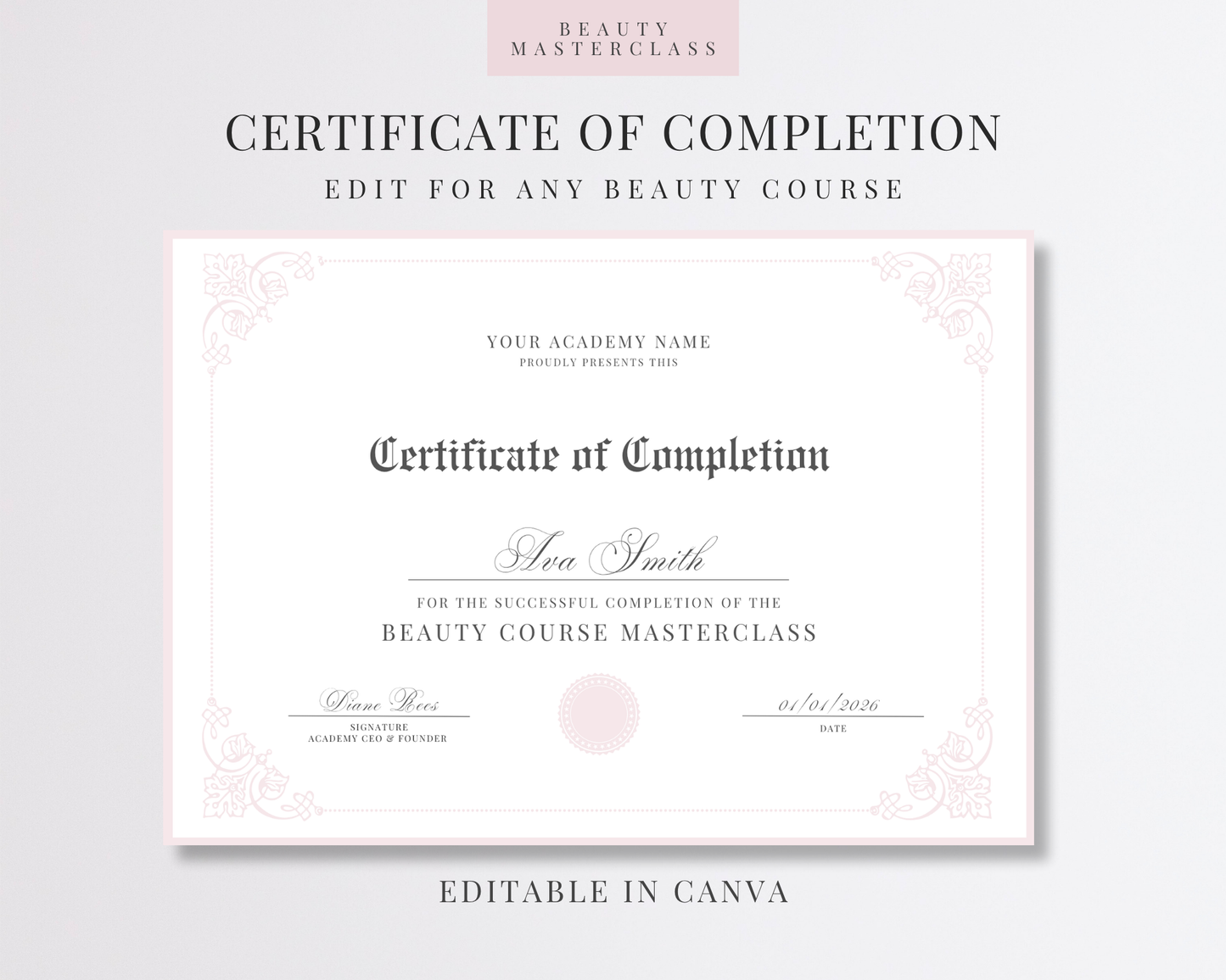 Editable Certificate of Completion Template | Canva Certificate for Beauty Training Academies