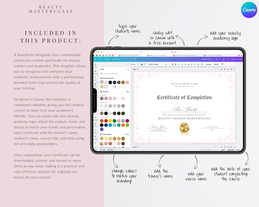 Editable Certificate of Completion Template | Canva Certificate for Beauty Training Academies