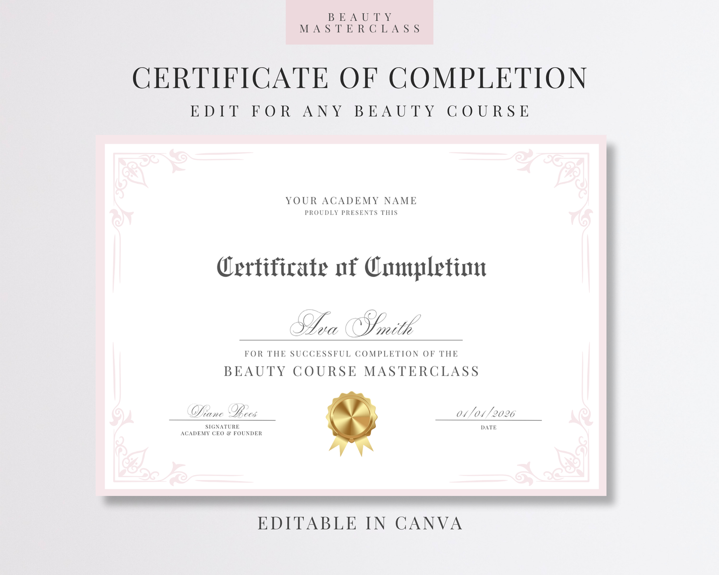 Editable Certificate of Completion Template | Canva Certificate for Beauty Training Academies