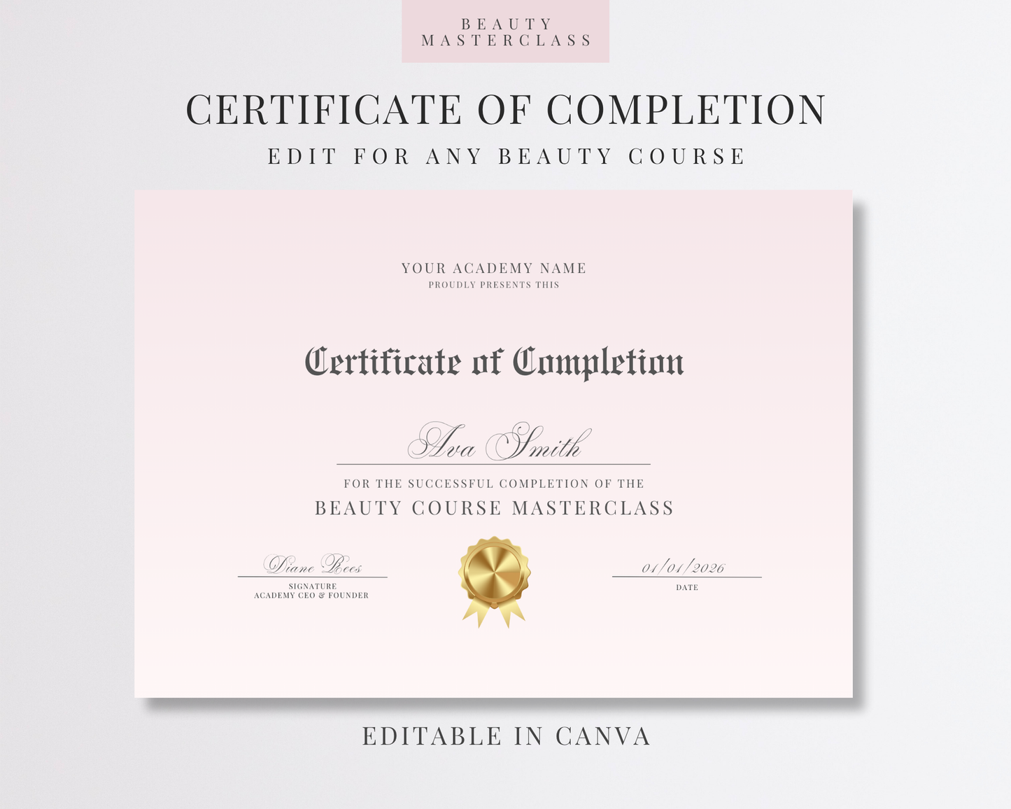 Editable Certificate of Completion Template | Canva Certificate for Beauty Training Academies