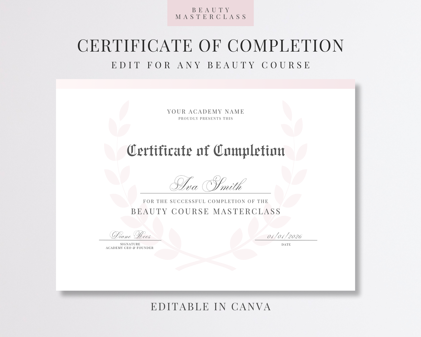 Editable Certificate of Completion Template | Canva Certificate for Beauty Training Academies
