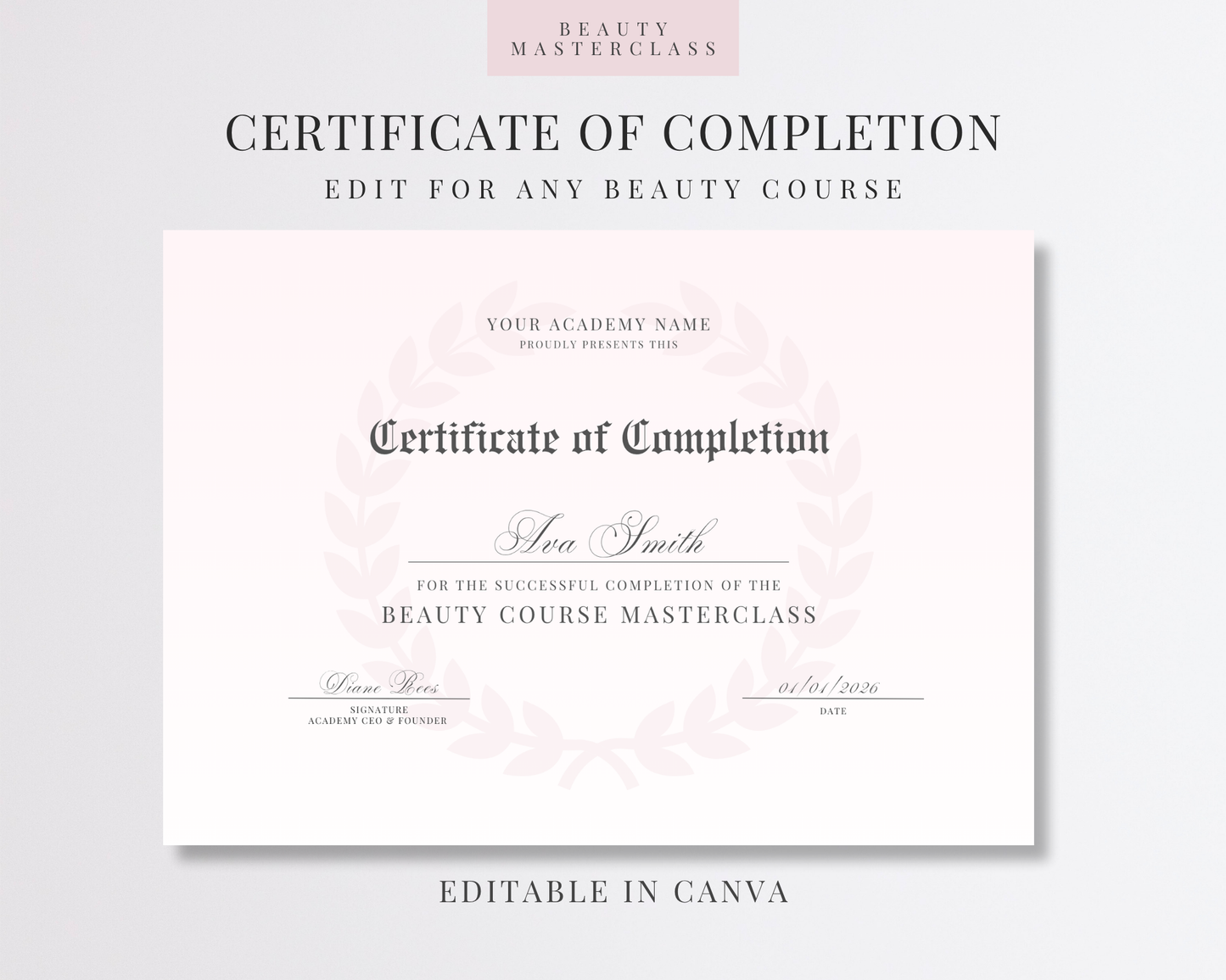 Editable Certificate of Completion Template | Canva Certificate for Beauty Training Academies