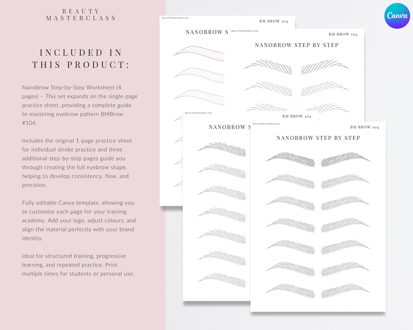 BMBrow#104 Nanobrow Stroke Pattern Step by Step Practice Worksheets | Editable SPMU Brow Training