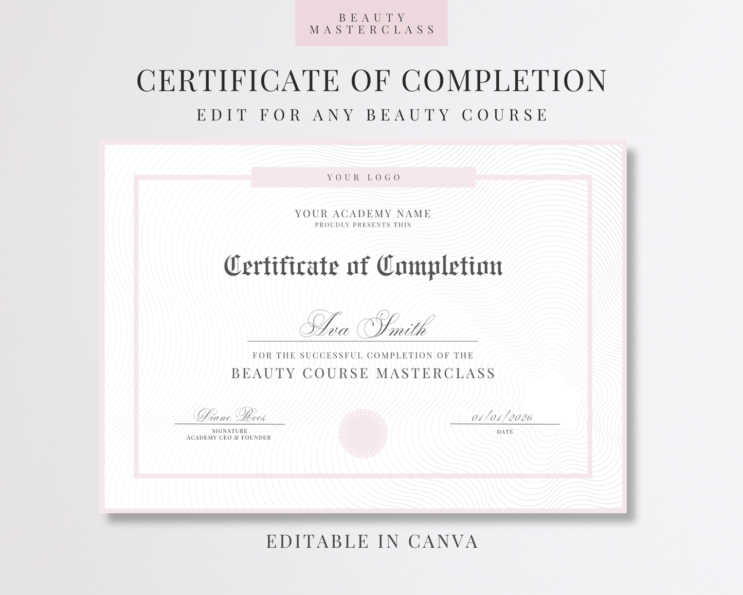 Editable Certificate of Completion Template | Canva Certificate for Beauty Training Academies