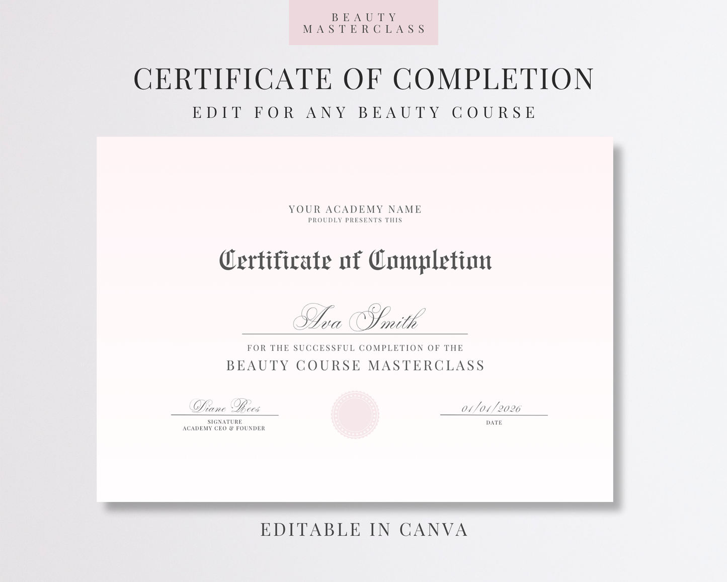 Editable Certificate of Completion Template | Canva Certificate for Beauty Training Academies