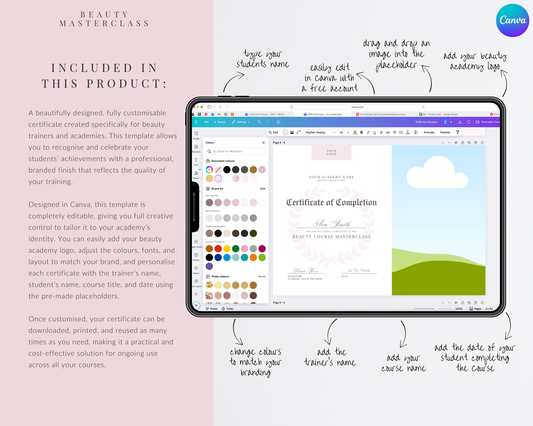 Editable Certificate of Completion Template | Canva Certificate for Beauty Training Academies