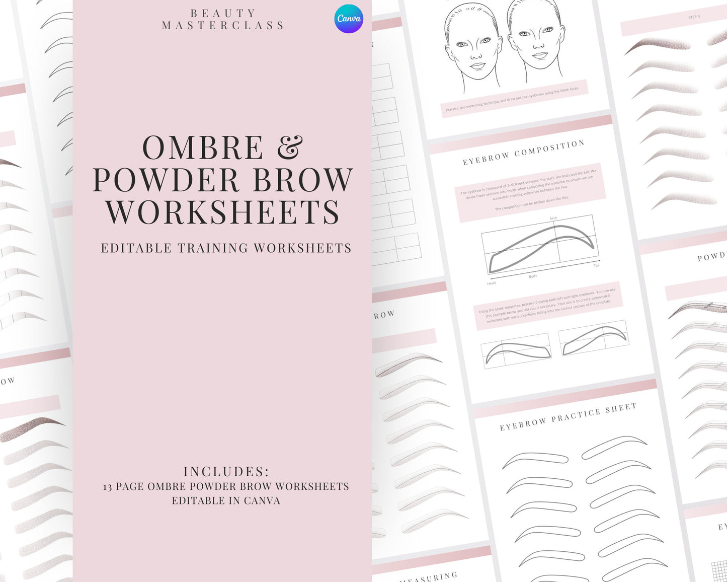 Ombre Powder Brow Mapping and Stroke Pattern SPMU Editable Training Worksheets