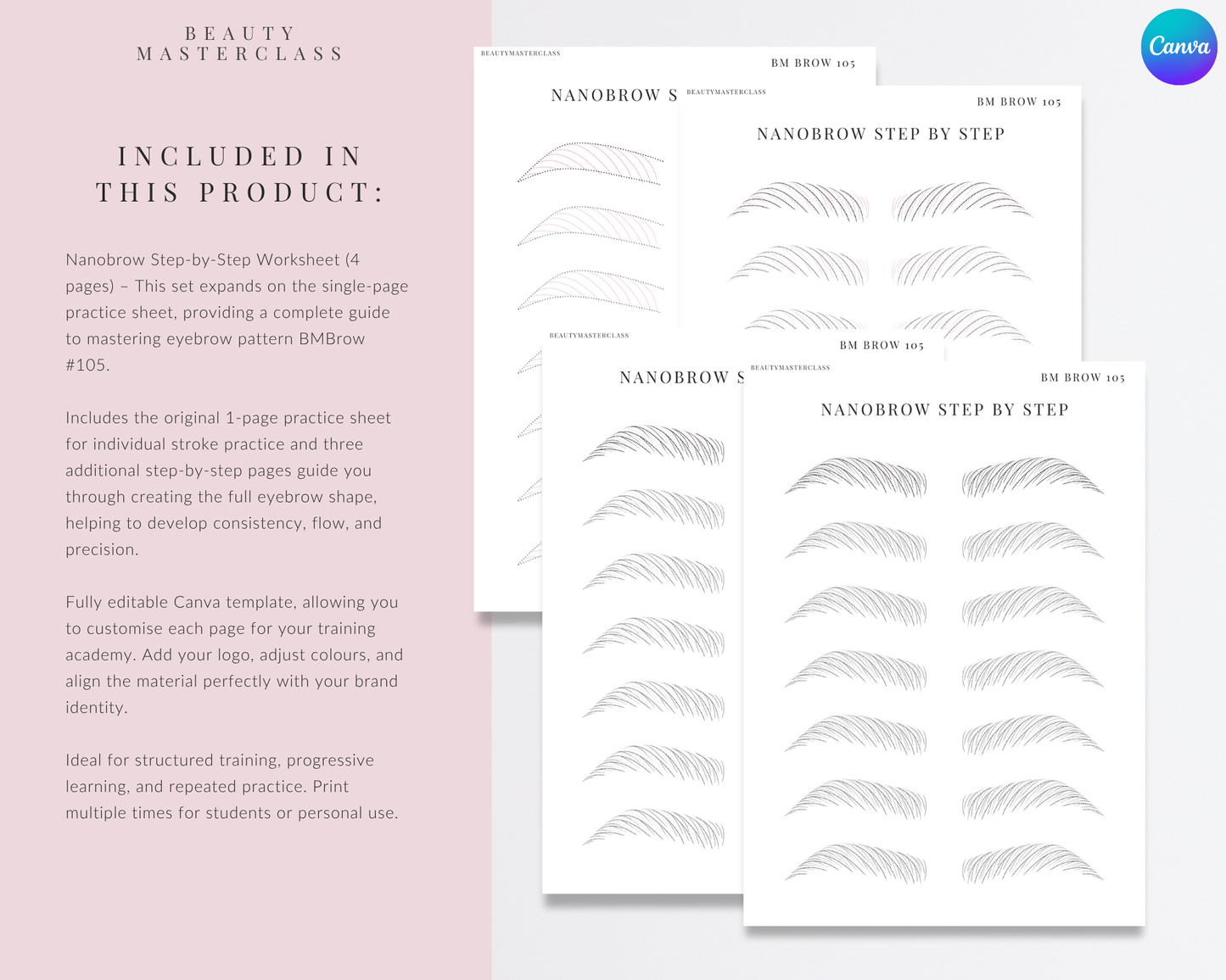BMBrow#105 Nanobrow Stroke Pattern Step by Step Practice Worksheets | Editable SPMU Brow Training