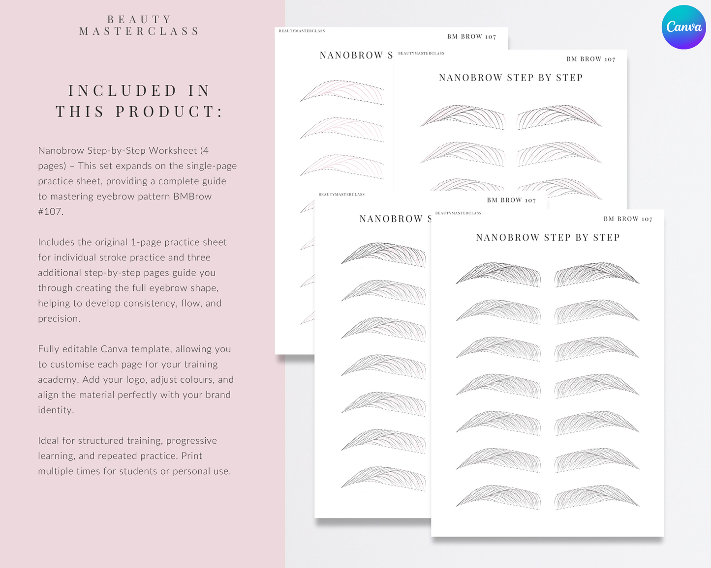 BMBrow#107 Nanobrow Stroke Pattern Step by Step Practice Worksheets | Editable SPMU Brow Training