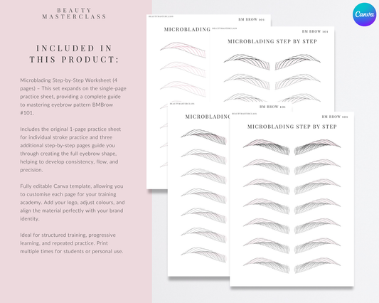BMBrow#101 Microblading Stroke Pattern Step by Step Practice Worksheets | Editable SPMU Brow Training