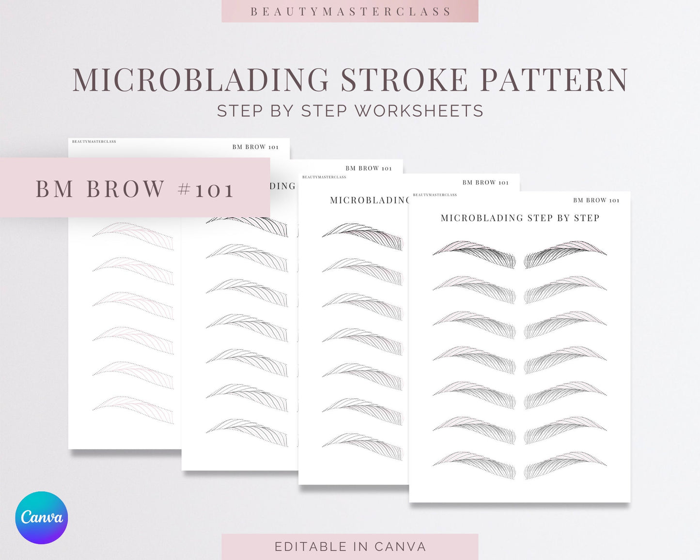 BMBrow#101 Microblading Stroke Pattern Step by Step Practice Worksheets | Editable SPMU Brow Training
