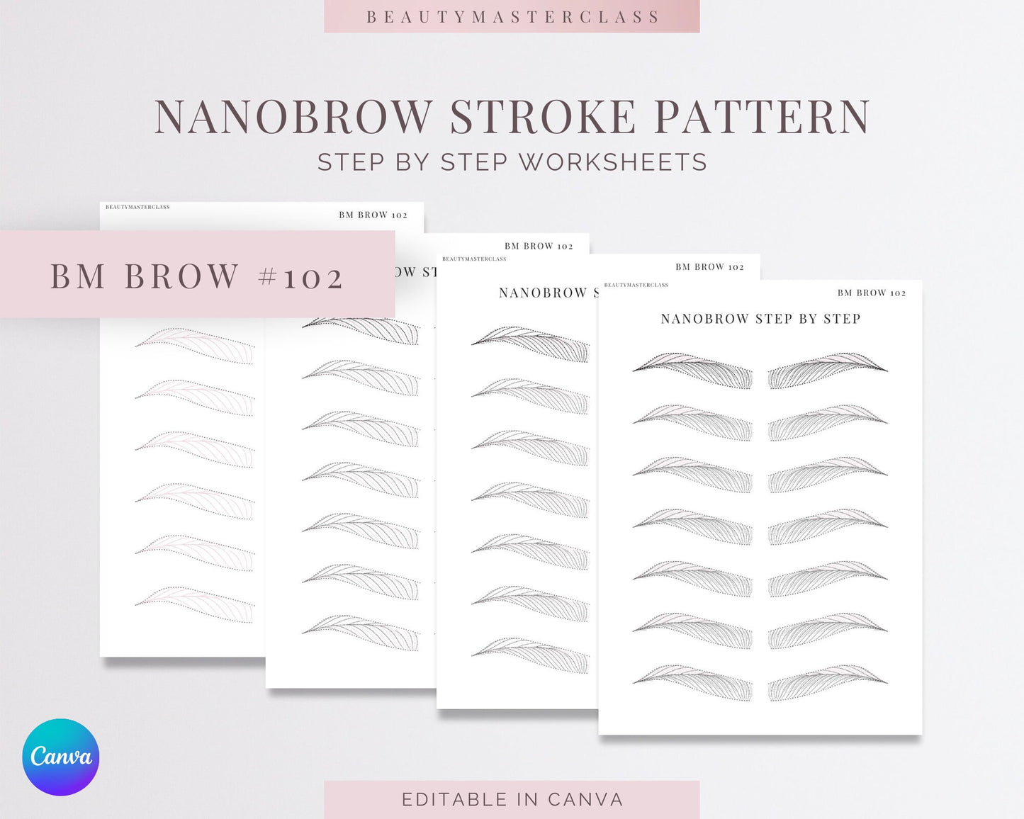 BMBrow#102 Nanobrow Stroke Pattern Step by Step Practice Worksheets | Editable SPMU Brow Training