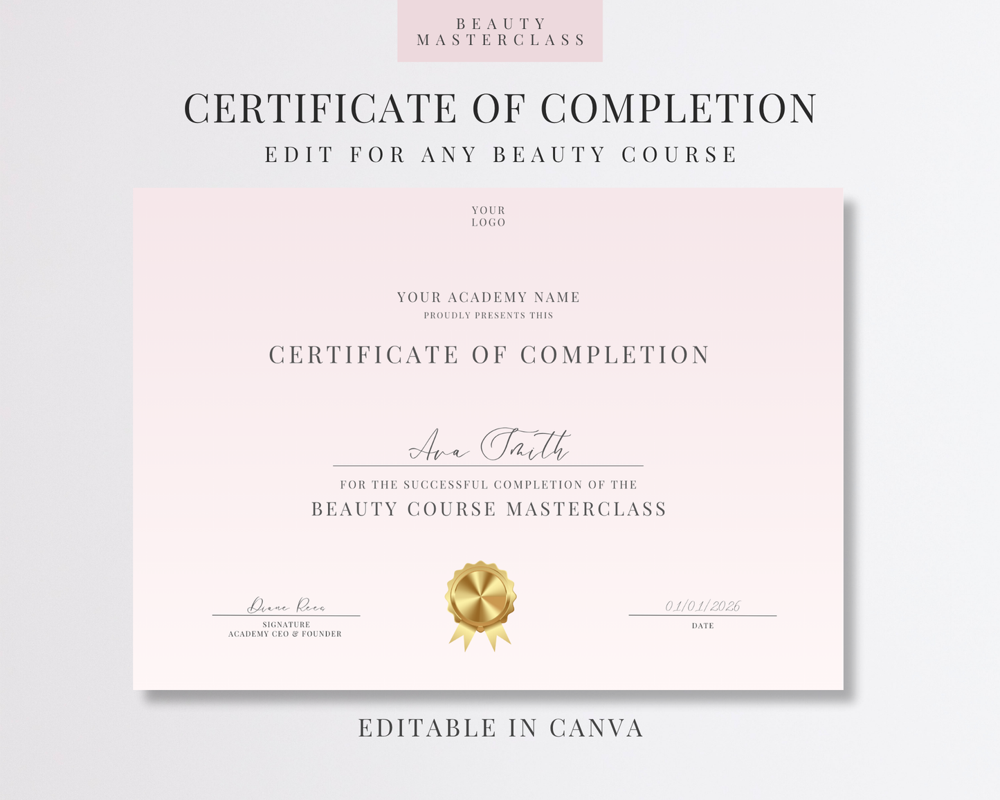 Editable Certificate of Completion Template | Canva Certificate for Beauty Training Academies