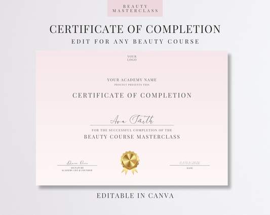 Editable Certificate of Completion Template | Canva Certificate for Beauty Training Academies