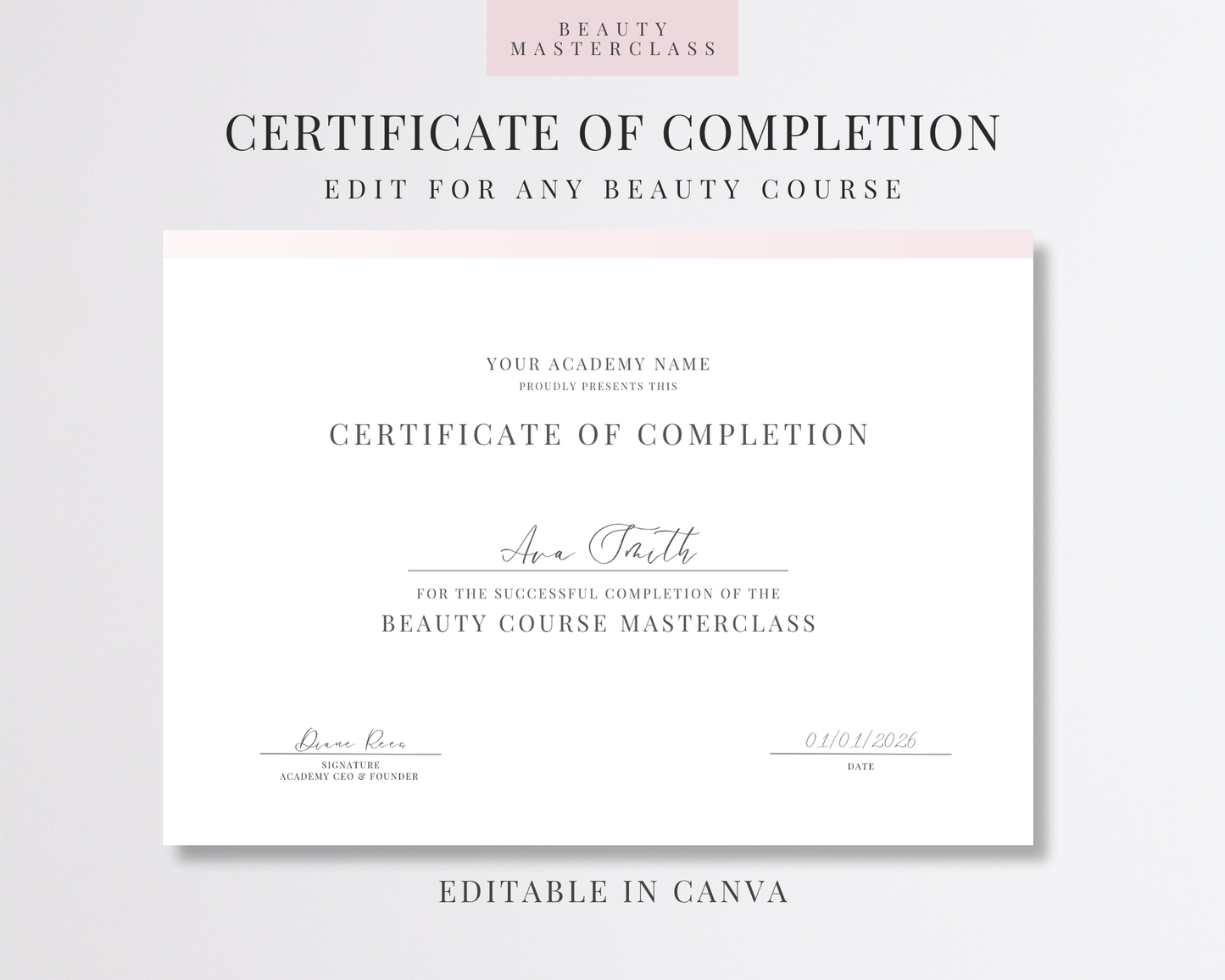 Editable Certificate of Completion Template | Canva Certificate for Beauty Training Academies