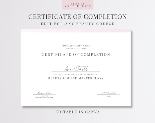 Editable Certificate of Completion Template | Canva Certificate for Beauty Training Academies