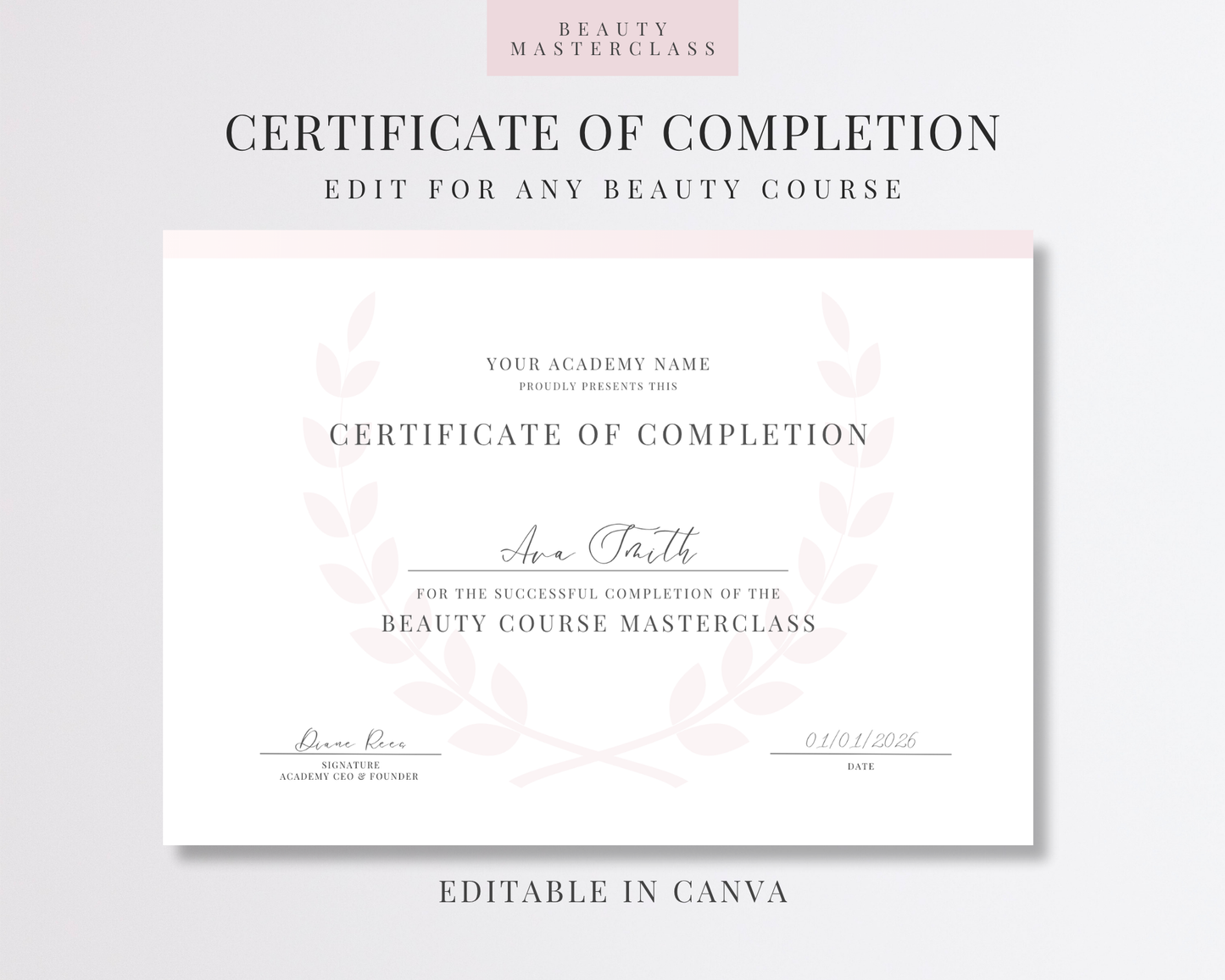 Editable Certificate of Completion Template | Canva Certificate for Beauty Training Academies
