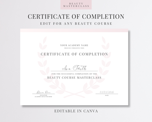 Editable Certificate of Completion Template | Canva Certificate for Beauty Training Academies
