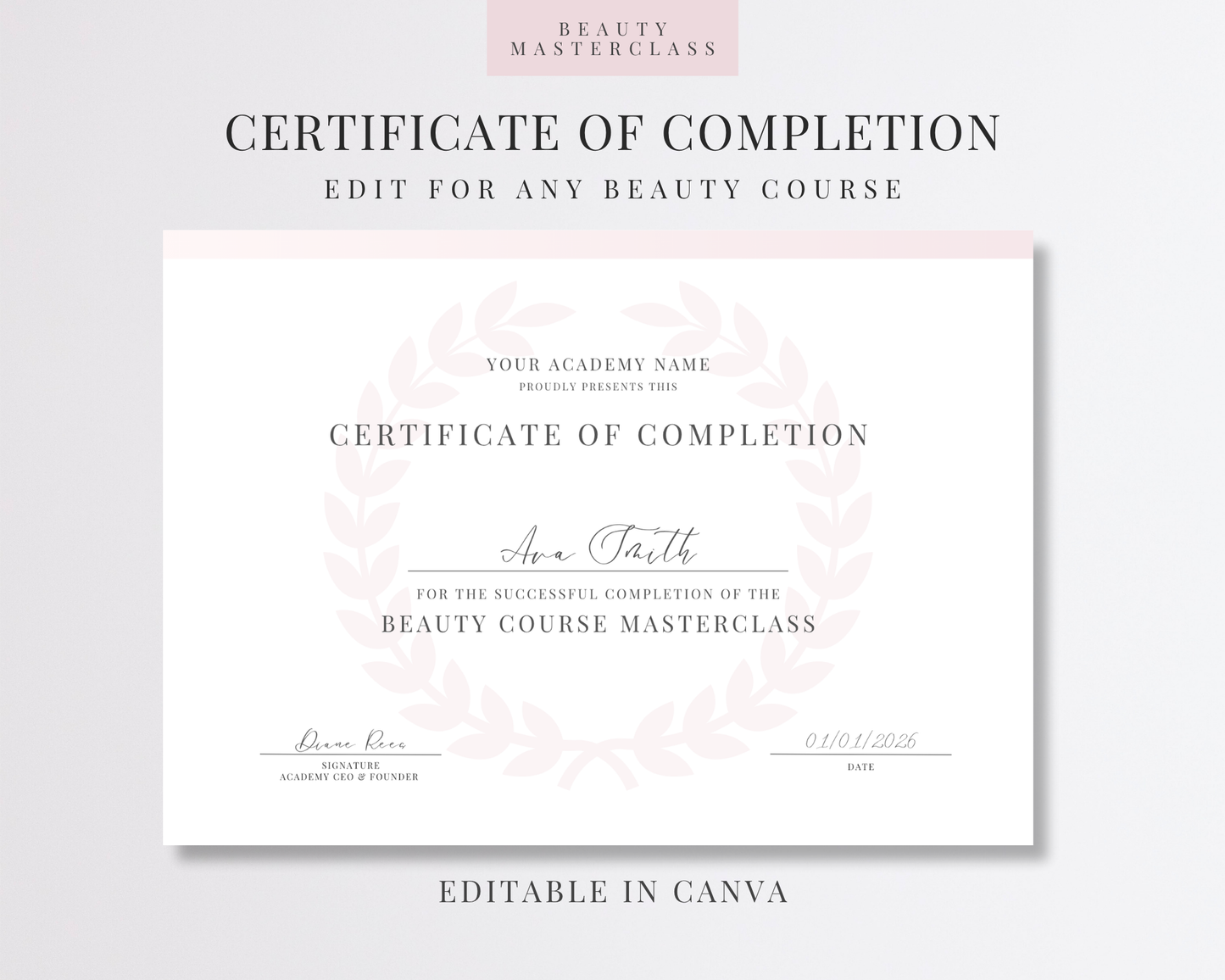 Editable Certificate of Completion Template | Canva Certificate for Beauty Training Academies