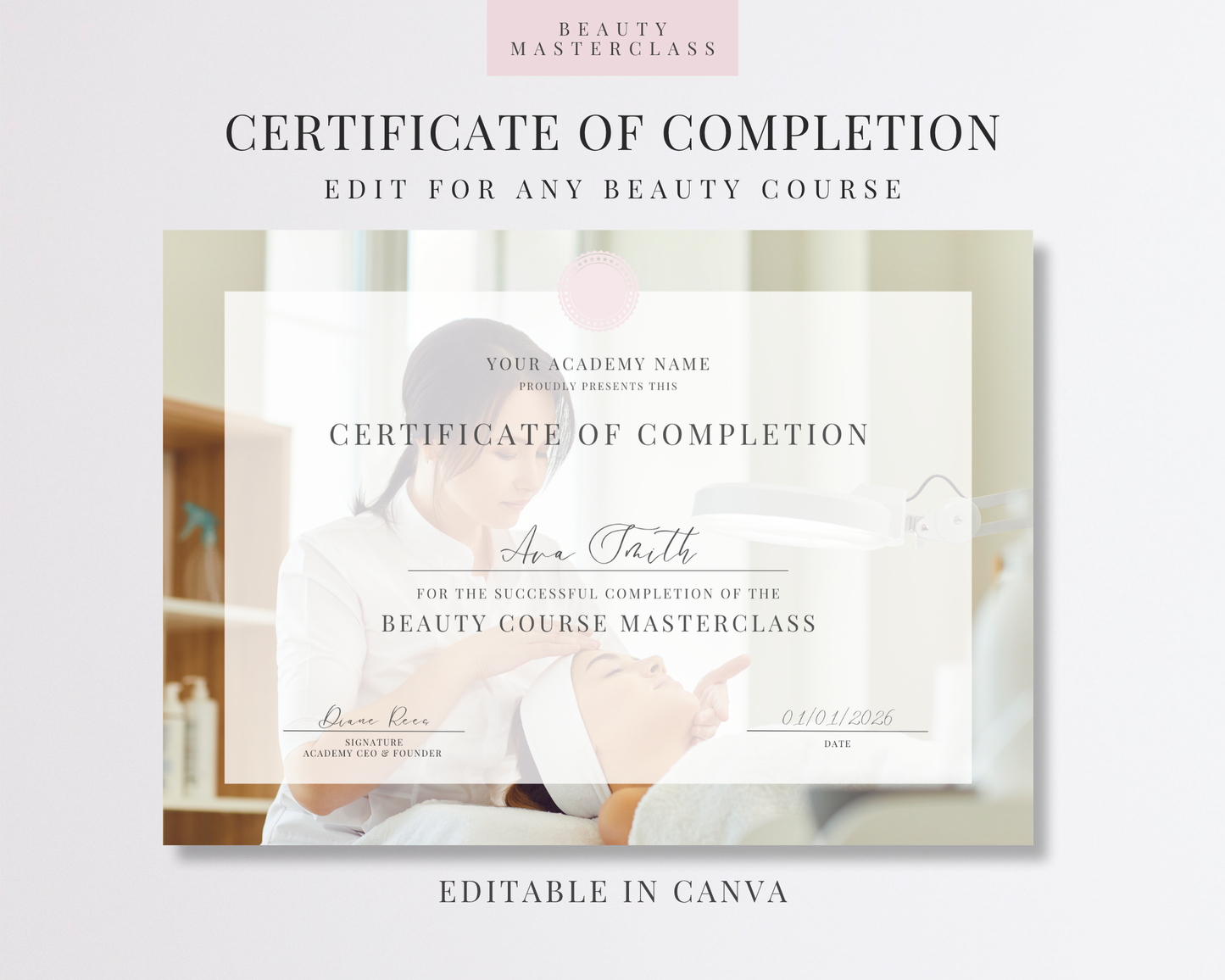 Editable Certificate of Completion Template | Canva Certificate for Beauty Training Academies