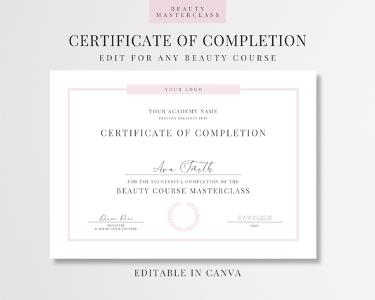 Editable Certificate of Completion Template | Canva Certificate for Beauty Training Academies