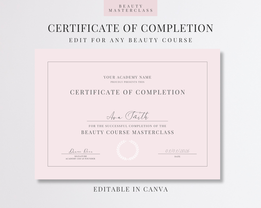 Editable Certificate of Completion Template | Canva Certificate for Beauty Training Academies