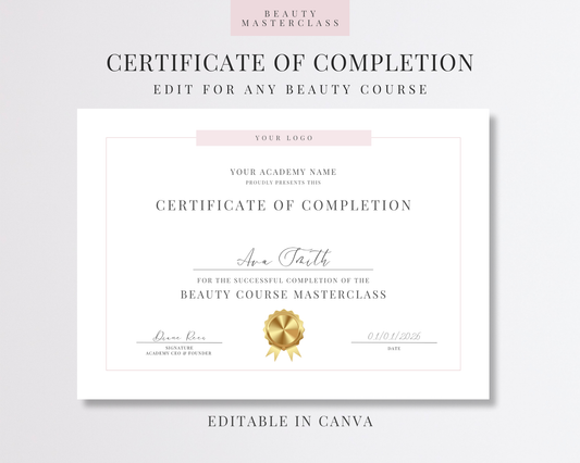 Editable Certificate of Completion Template | Canva Certificate for Beauty Training Academies