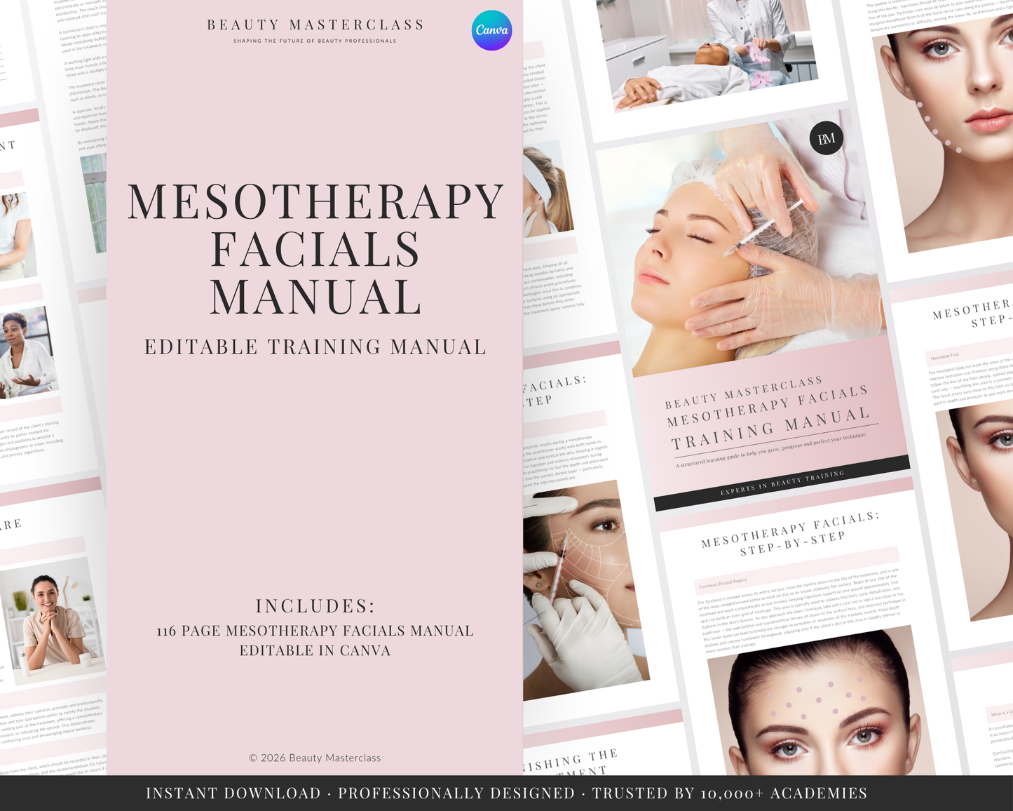 Promotional graphic for a digital 'Mesotherapy Facials Manual' template, showing a large central pink cover page surrounded by overlapping preview pages of a beauty training manual layout.