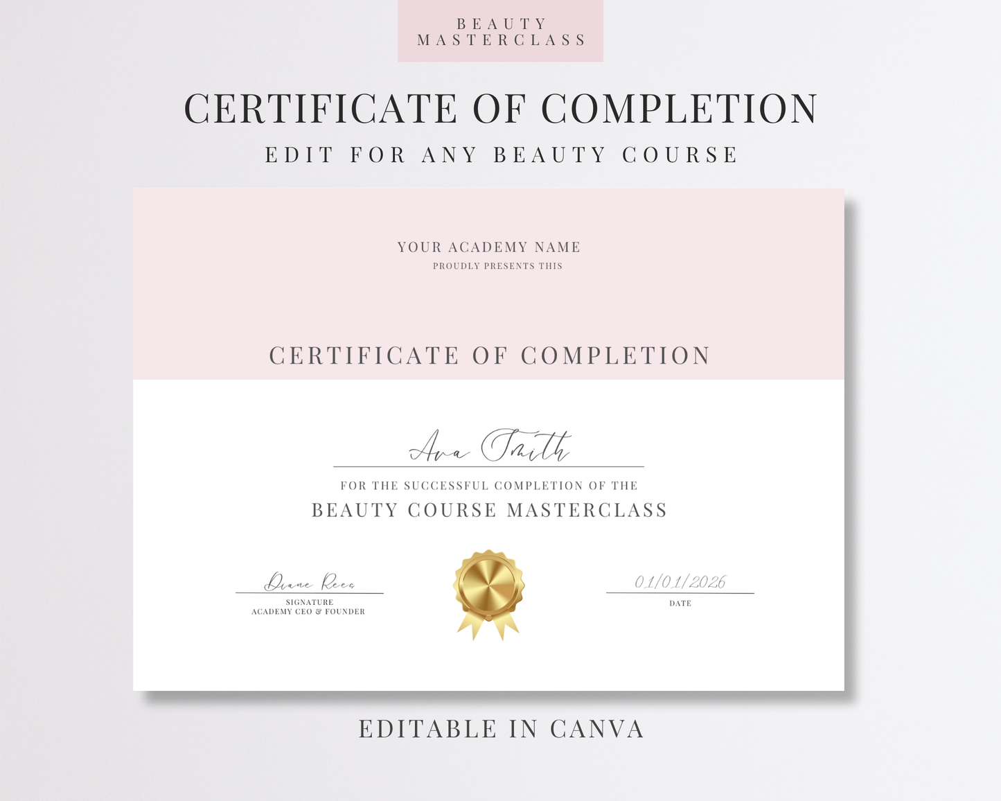Editable Certificate of Completion Template | Canva Certificate for Beauty Training Academies