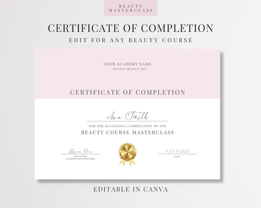 Editable Certificate of Completion Template | Canva Certificate for Beauty Training Academies