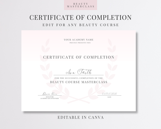 Editable Certificate of Completion Template | Canva Certificate for Beauty Training Academies