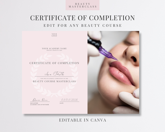 Editable Certificate of Completion Template | Canva Certificate for Beauty Training Academies