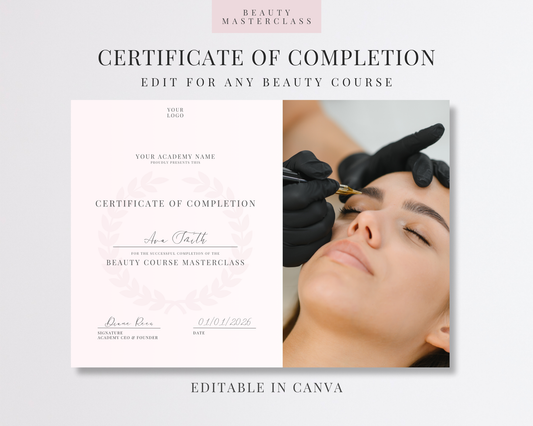Editable Certificate of Completion Template | Canva Certificate for Beauty Training Academies