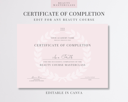 Editable Certificate of Completion Template | Canva Certificate for Beauty Training Academies