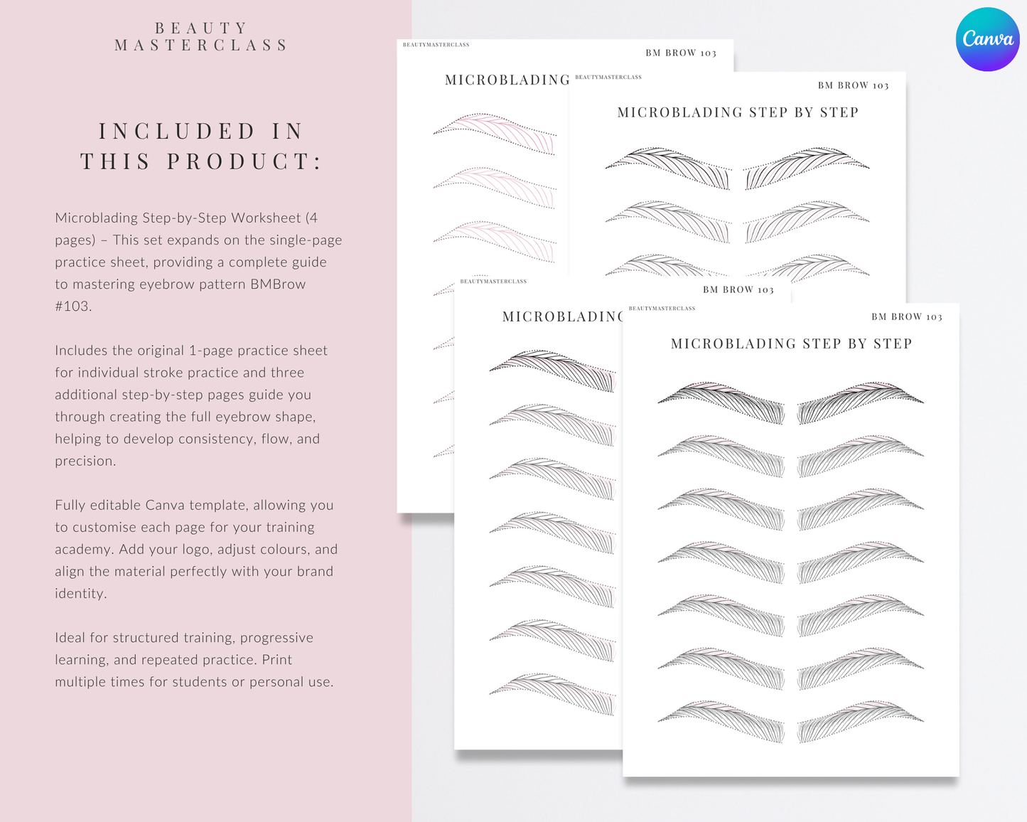 BMBrow#103 Microblading Stroke Pattern Step by Step Practice Worksheets | Editable SPMU Brow Training